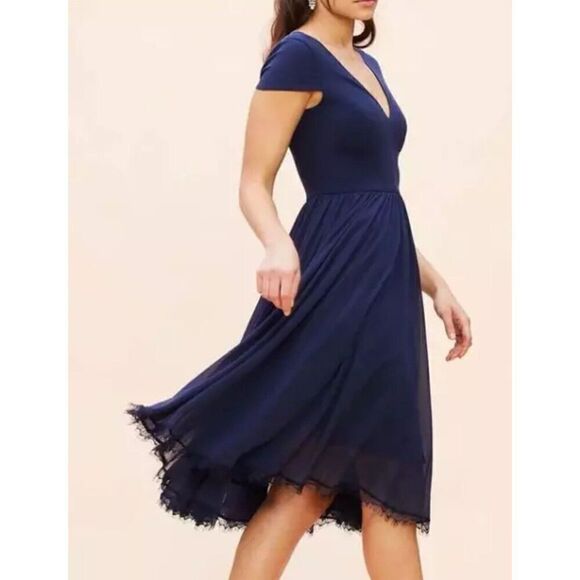 Dress the Population Corey Chiffon Fit Flare Cocktail Blue V-Neck Size Large. 15 - Picture 2 of 11